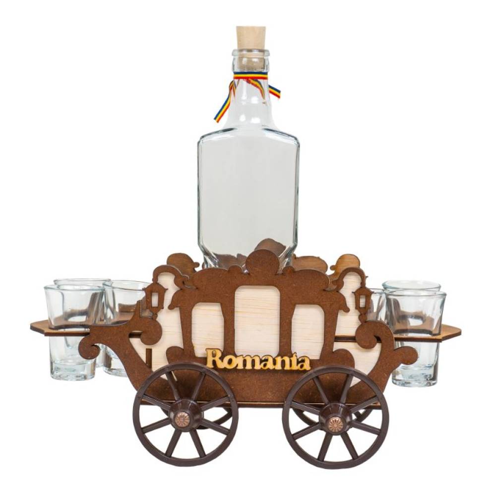 Suport lemn tip caruta cu sticla si 6 pahare Suport lemn tip caruta cu sticla si 6 pahare