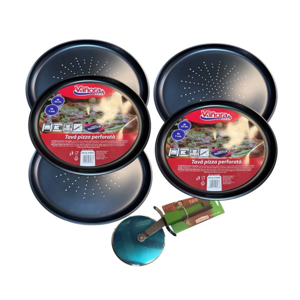 Vanora Tava Pizza 32cm, perforata set 5 bucati + 1 x Cutit pizza 8.5cm lama mare Vanora Tava Pizza 32cm, perforata set 5 bucati + 1 x Cutit pizza 8.5cm lama mare
