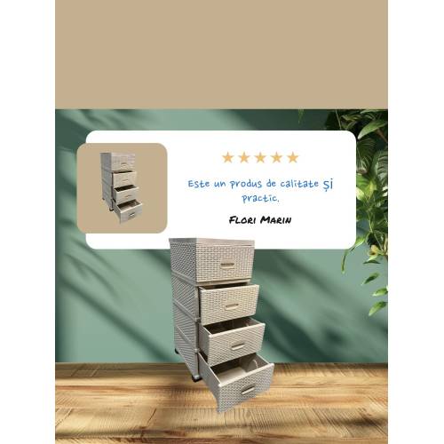 Dulap din plastic depozitare tip ratan Bej cu 4 sertare 47x38x92