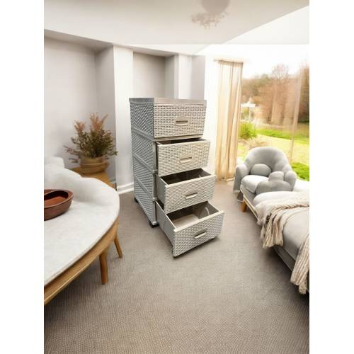 Dulap din plastic depozitare tip ratan Bej cu 4 sertare 47x38x92