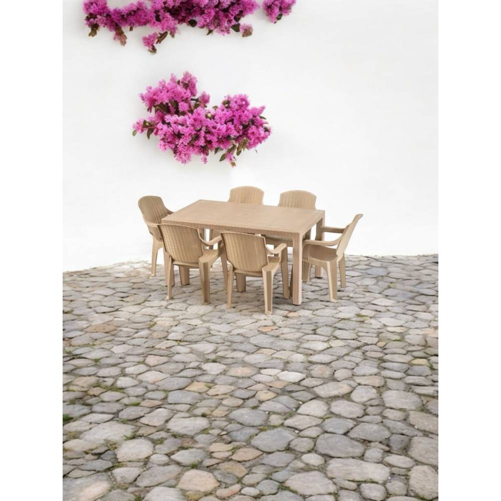 Masa cu scaune terasa tip ratan (crem) set 6 persoane Masa cu scaune terasa tip ratan (crem) set 6 persoane