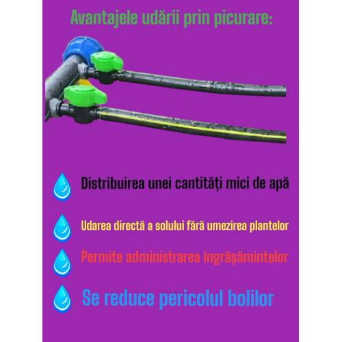 Kit irigare -Tub picurare 20cm/400m + 40 x Robinet pentru tub picurare + 40 x Garnitura cu umar + 40 x Dop pentru tub
