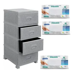 Pachet dulap baie (depozitare) 4 sertare, plastic tip ratan gri + 3 Servetele bicarbonat si otet