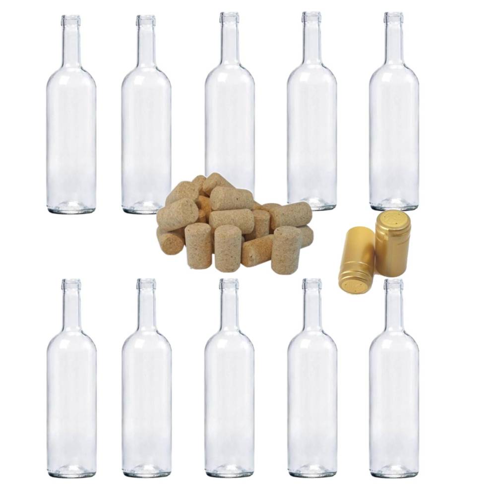 Sticla de vin 750 ml cu dop de pluta 10 bucati si capison auriu PVC Sticla de vin 750 ml cu dop de pluta 10 bucati si capison auriu PVC