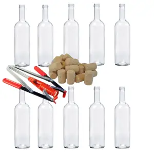 Sticle de vin 10 buc cu 100 dopuri de pluta si dopuitor manual