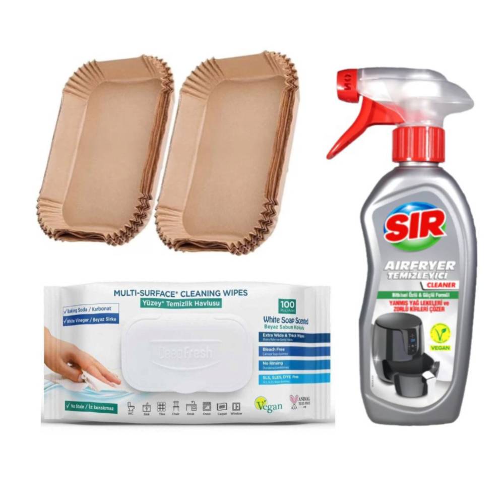 Pachet servetele umede cu Bicarbonat si otet + Solutie curatare Sir Air Fryer 250ml + Hartie copt Air Fryer Pachet servetele umede cu Bicarbonat si otet + Solutie curatare Sir Air Fryer 250ml + Hartie copt Air Fryer