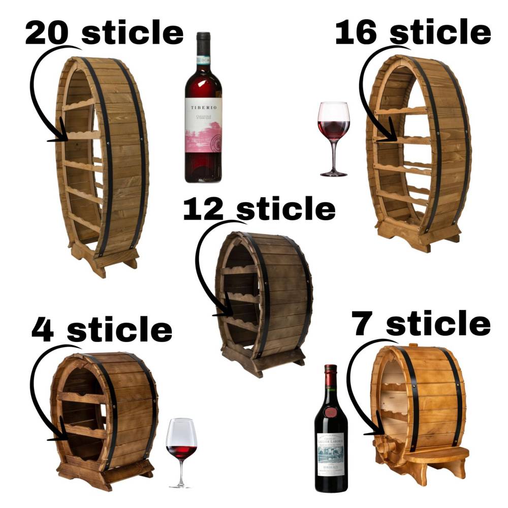 Suport 7 sticle de vin 50cm, cu canea din lemn de brad Suport 7 sticle de vin 50cm, cu canea din lemn de brad