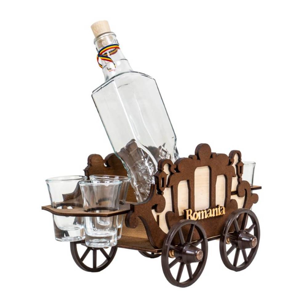 Suport lemn tip caruta cu sticla si 6 pahare Suport lemn tip caruta cu sticla si 6 pahare
