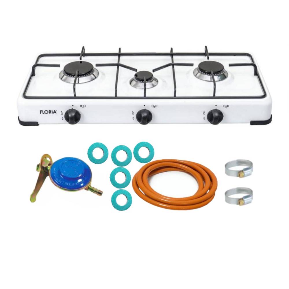 Aragaz cu 3 ochiuri, Alb, Floria si chit racordare pentru Butelie Aragaz cu 3 ochiuri, Alb, Floria si chit racordare pentru Butelie