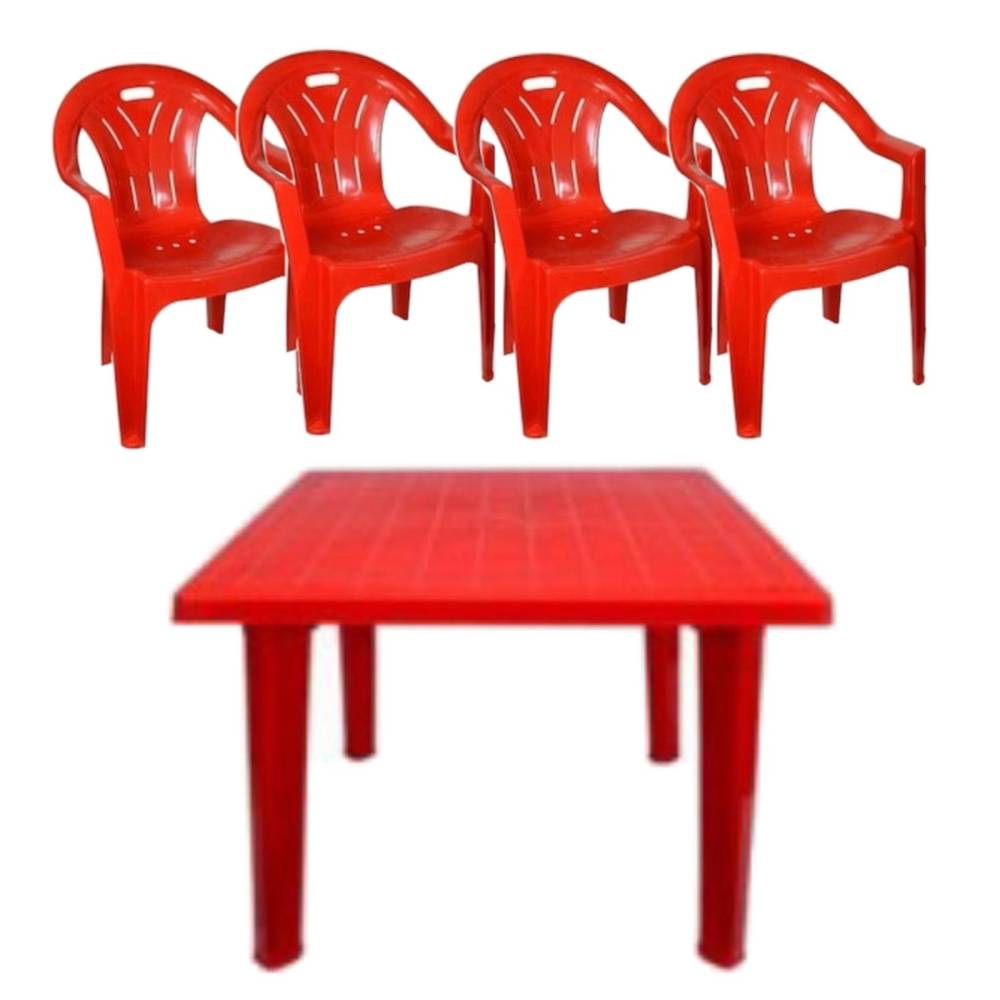 Masa cu scaune terasa rosii, set 4 persoane (exterior) Masa cu scaune terasa rosii, set 4 persoane (exterior)