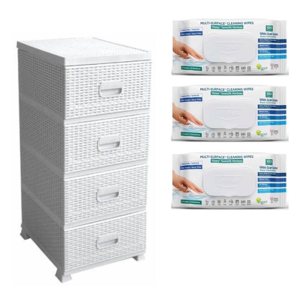 Pachet dulap baie (depozitare) plastic 4 sertare tip ratan alb + 3 Servetele bicarbonat si otet Pachet dulap baie (depozitare) plastic 4 sertare tip ratan alb + 3 Servetele bicarbonat si otet