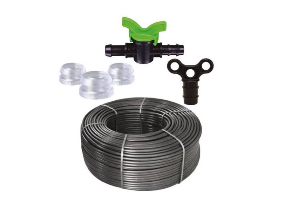 Kit irigare -Tub picurare 20cm/400m + 40 x Robinet pentru tub picurare + 40 x Garnitura cu umar + 40 x Dop pentru tub