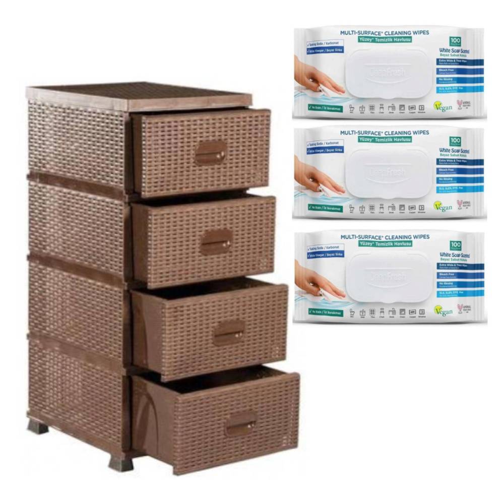 Pachet dulap bucatarie, baie, 4 sertare plastic, tip ratan maro + 3 Servetele bicarbonat si otet Pachet dulap bucatarie, baie, 4 sertare plastic, tip ratan maro + 3 Servetele bicarbonat si otet