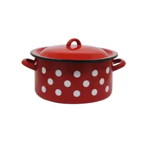 Cratita emailata inalta, 8.5 L, cu capac, rosie cu buline