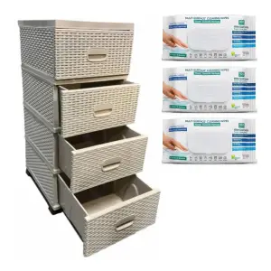 Pachet dulap bucatarie, baie plastic 4 sertare tip ratan bej + 3 Servetele bicarbonat si otet