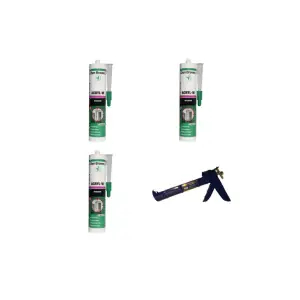 Etansant acrilic Den Braven Acryl - W, alb, interior, 280 ml x 3 + Pistol silicon din metal, albastru