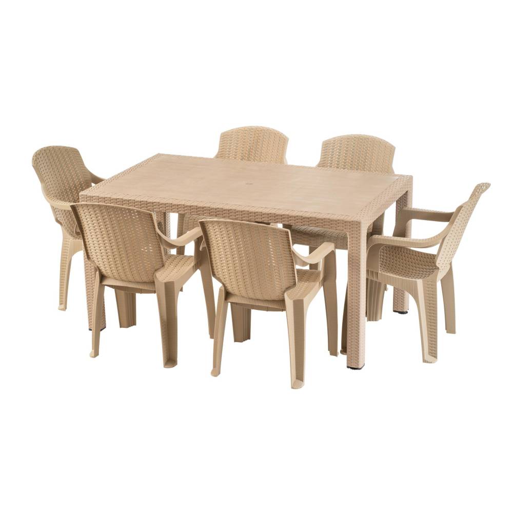 Masa cu scaune terasa tip ratan (crem) set 6 persoane Masa cu scaune terasa tip ratan (crem) set 6 persoane