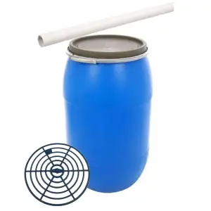 Pachet butoi plastic 120 litri, cerc metalic cu presa si teava suflat