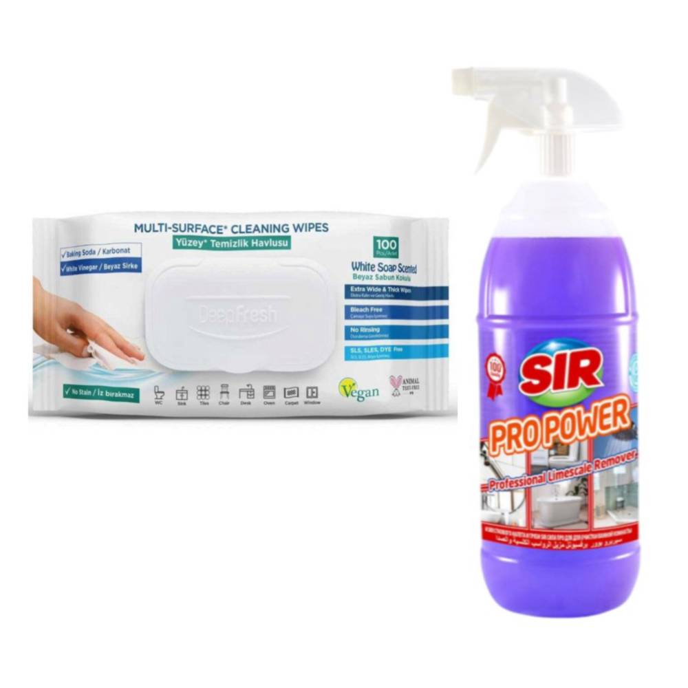 Pachet servetele umede multisuprafete cu Bicarbonat si otet + Sir Solutie Anticalcar, 1l Pachet servetele umede multisuprafete cu Bicarbonat si otet + Sir Solutie Anticalcar, 1l