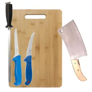 Set 2 cutite macelarie + Satar spart oase + Masat + tocator lemn 30x20 cm