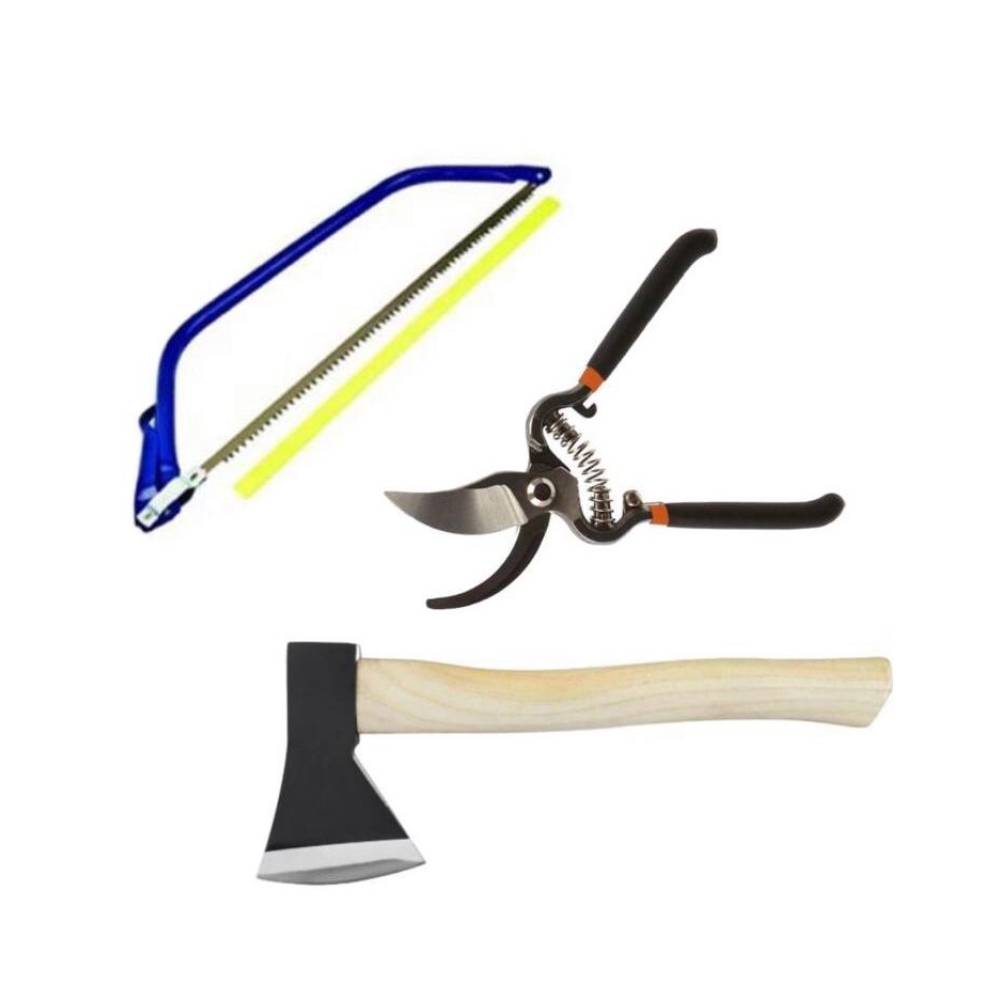 Foarfeca pentru pomi si vita de vie + Fierastrau Coarba, 455mm + Topor cu coada 500 g Foarfeca pentru pomi si vita de vie + Fierastrau Coarba, 455mm + Topor cu coada 500 g