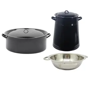 Garnita emailata neagra/bidon untura 10 L + Cratita Emailata cu capac 10 L neagra , 34cm + Strecuratoare din inox cu manere, 24cm